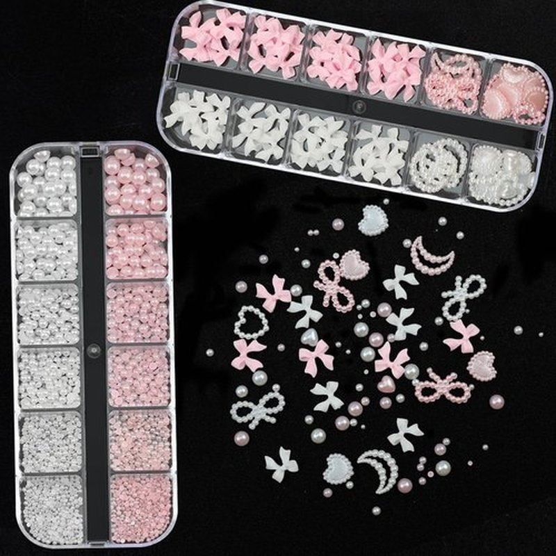 SEMATA Flatback Nail Art Pearls Charms Pink White Bow Nail Gems Mixed Size Nails Pearls Charms Moon Heart Nails Art Accessories Decoration Design for Women