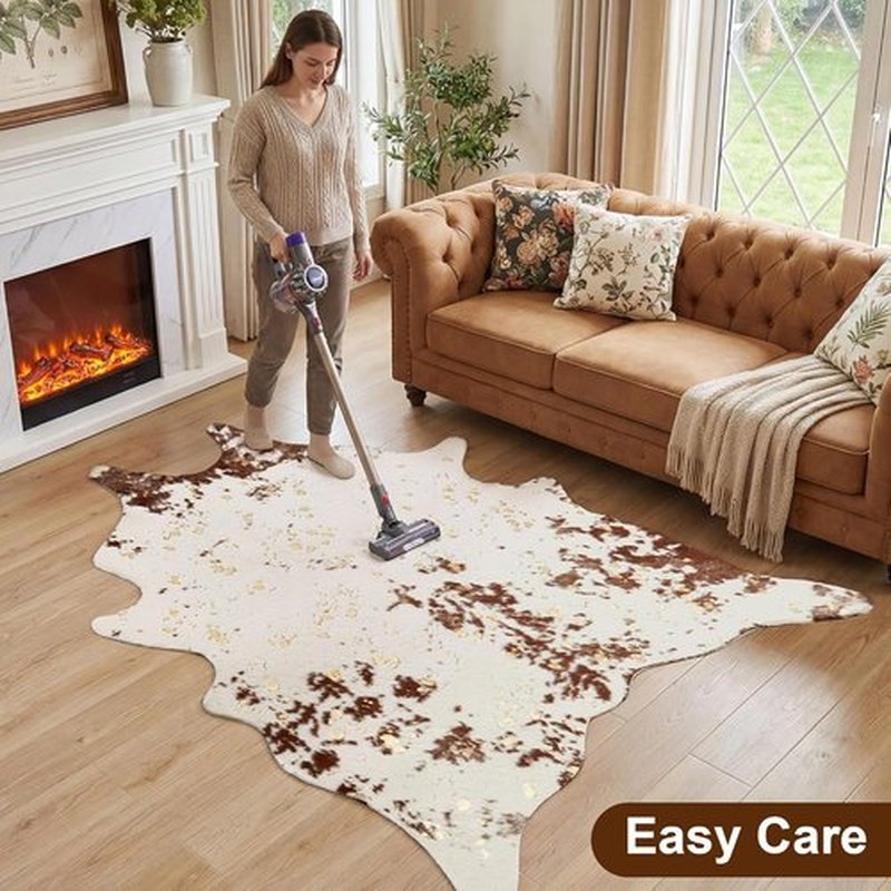 JONIYEAR Faux Cowhide Area Rug - Large Durable 4.9 x 6.56 Feet Brown & Gold Print for Living Room & Bedroom