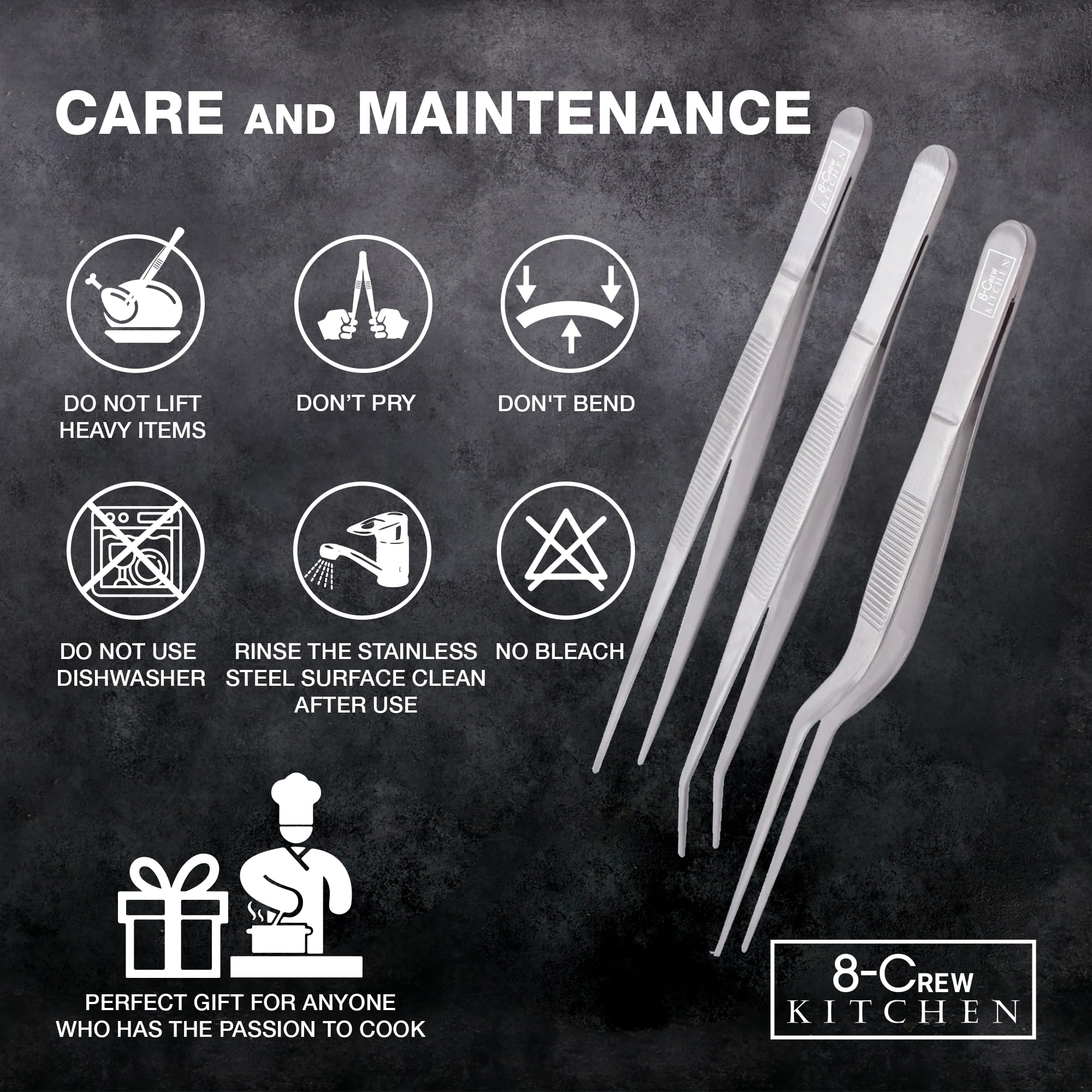 8-CREW KITCHEN Culinary Stainless Steel Tweezers, 6-inch Set of 3 Chef Precision Tongs for Plating, Decorating, Food Design, Bar and Multi-Purpose