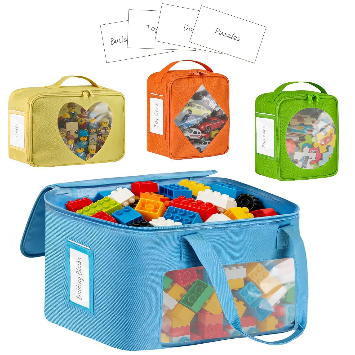 BOHEMIABY 4 PCS Visible Magnetic Tiles Storage Bags, Toy Storage Bags with Label for Home School, Carrying Case for Building Bricks, Puzzle, Board Games, Toy Car and Other