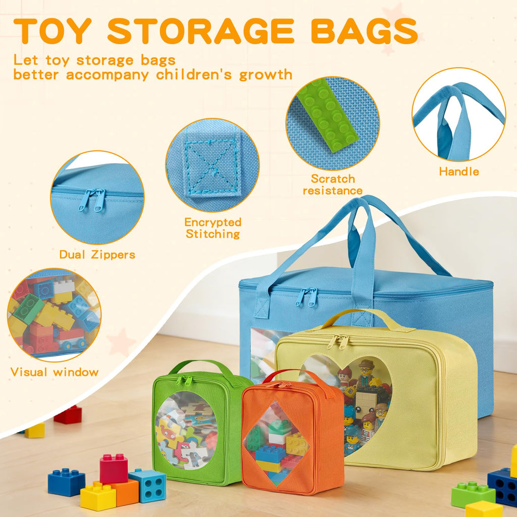 BOHEMIABY 4 PCS Visible Magnetic Tiles Storage Bags, Toy Storage Bags with Label for Home School, Carrying Case for Building Bricks, Puzzle, Board Games, Toy Car and Other