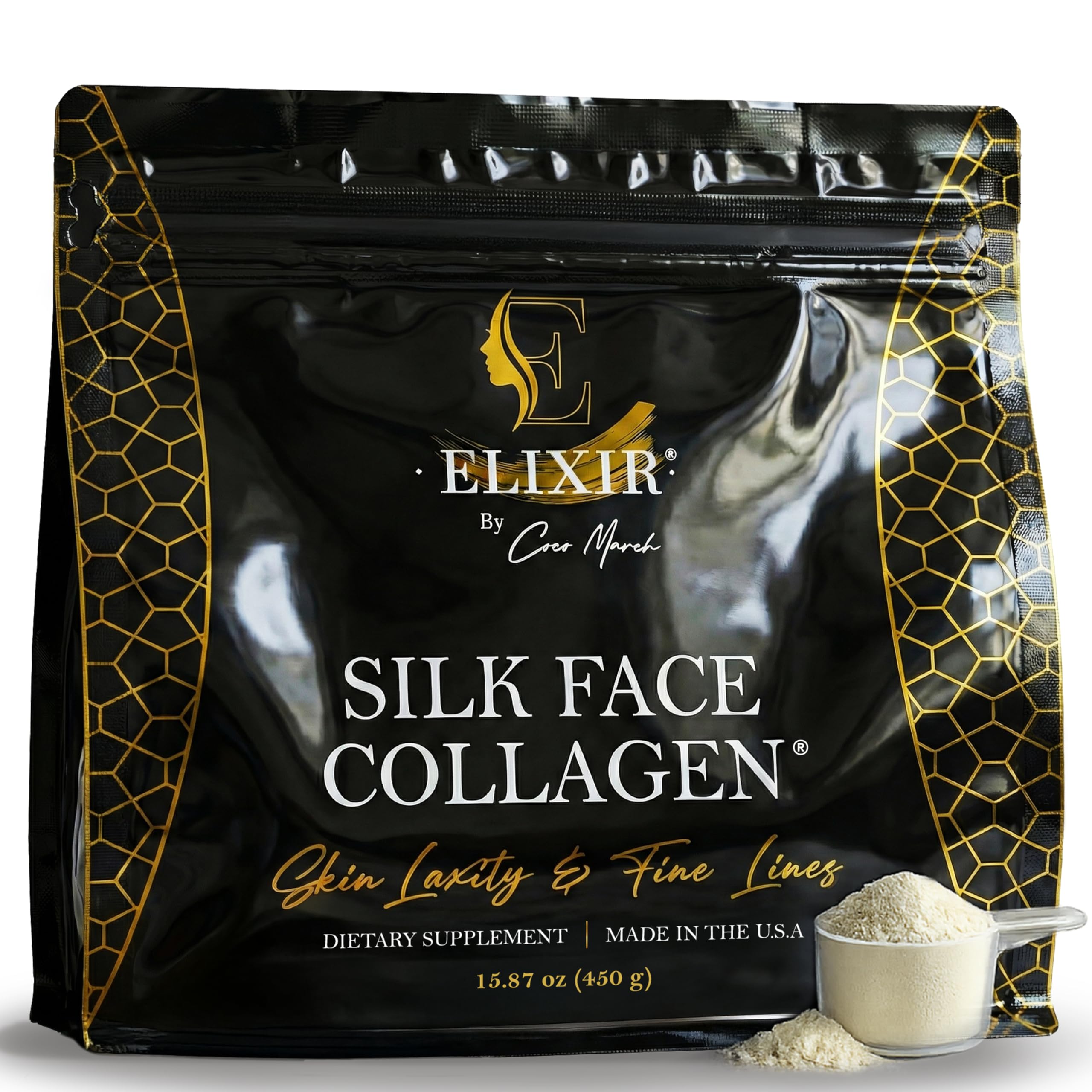 Silk Face Collagen - Collagen Peptides Powder for Women, Face and Neck 14g Protein | Ultra Low Molecular Weight Collagen – for Skin, Hair, Nail, Joint & Gut Health, 15.87 oz (450g) Cocó March