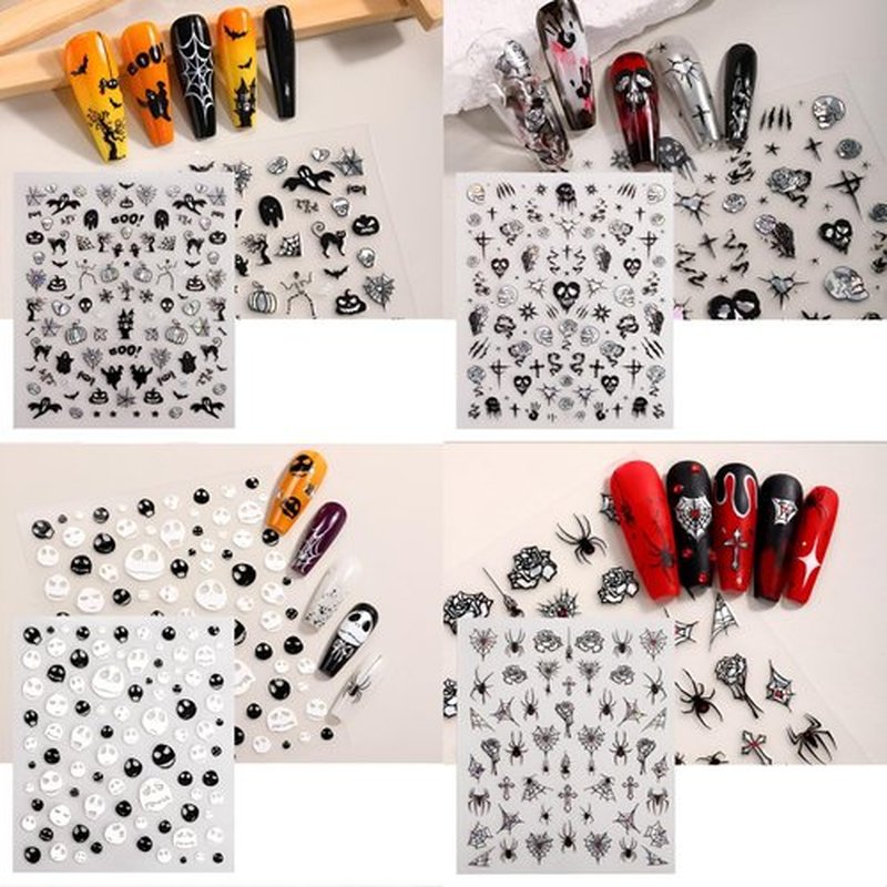 6 Sheets Halloween Nail Stickers – Black & White Holographic Gothic Ghost Skull Spider Web Nail Art Decals, Self-Adhesive Halloween Cute Manicure Decorations for Women Girls DIY Nail Art
