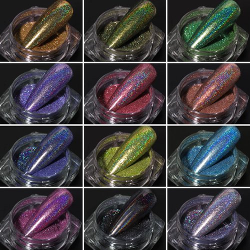 MKNZOME 12 Jars Holographic Nail Powder, Chrome Nail Powder Kit Black Blue Ultra Fine Glitter Powder Set, Rainbow Neon Pigment Manicure Glitter Dust with 12 Pcs Dual Sides Sponge Applicators