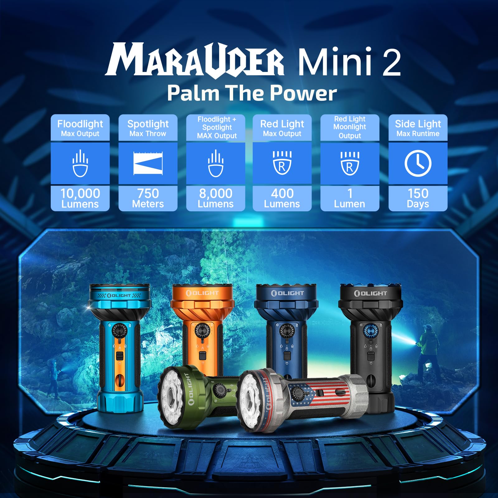 OLIGHT Marauder Mini 2 Bright Flashlight 10,000 Lumen with 750 Meters Beam Distance, Rechargeable Light with Dual Charging & 5 Lighting Modes for Outdoor, Camping, Emergencies (Midnight Blue)