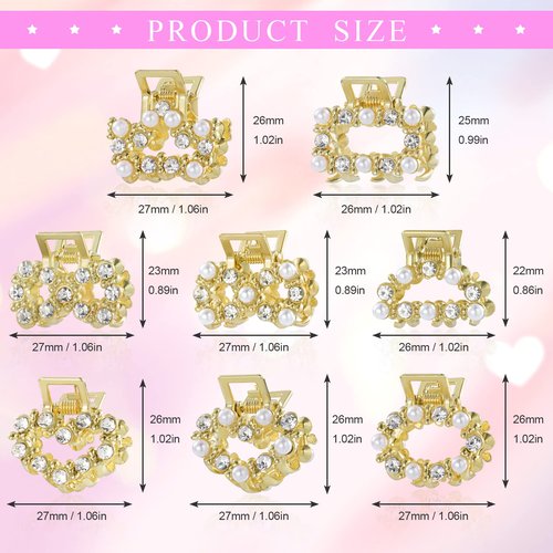 8 PCS Mini Pearl Hair Clips, PAGOW Gold Rhinestone Pearl Metal Claw Clips, Bangs Styling Claw Clips, Faux Pearls Crystal Sparkly Hairpins Hair Accessories for Women And Girls (8 Designs)