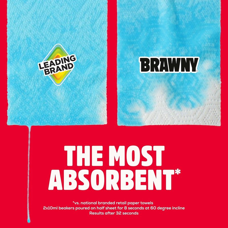 Brawny 3-Ply Tear-A-Square Paper Towels - Strong, Absorbent & Durable | 2 Double Rolls = 4 Regular Rolls