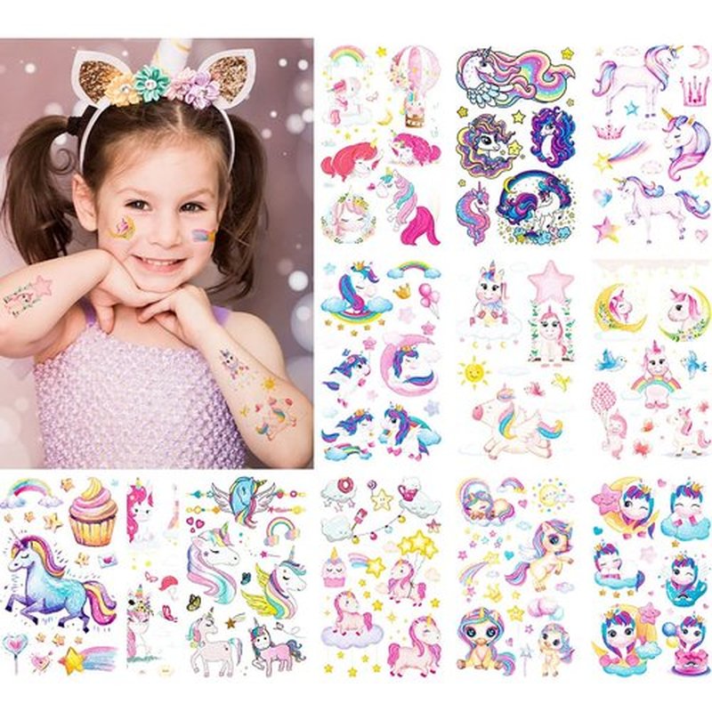 Fanoshon Glitter Temporary Tattoos for Kids Girls Birthday Party Favors Supplies, 12 Sheets Rainbow Children Face Decoration Stickers Easter Holiday Gift Halloween Goodie Bag Stuffers