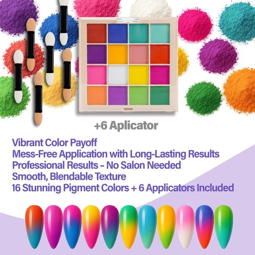 GELPARTY Solid Nail Pigment Palette (16 Colors) - Matte Gradient & Ombre Aura Art - Professional High Saturation Pure Powder (Not Eyeshadow) - One-Stroke, Non-Floating w/ 6 Applicators