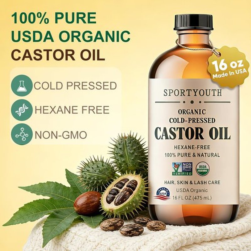 SPORTYOUTH Organic Castor Oil, Cold Pressed, Hexane Free, USDA Certified 100% Pure Unrefined Glass Bottle Non-GMO for Hair Growth, Skin Moisturizer, Face, Lash, Brow, Castor Oil Pack Wrap - 16 fl oz