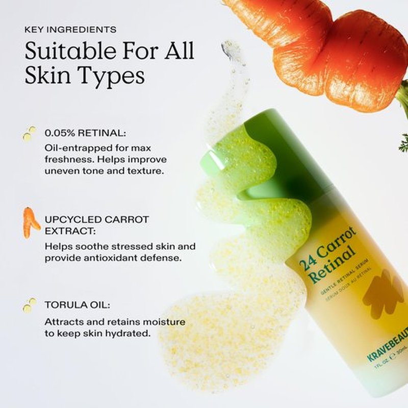 KraveBeauty 24 Carrot Gentle Retinal Serum, Lightweight 0.05% Retinal Treatment with Carrot Extract & Torula Oil, for Uneven Tone, Texture, and Fine Lines, Fragrance Free, 30 mL