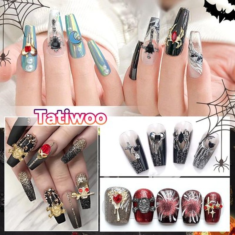 54 PCS 24Styles Halloween Nail Charms, 3D Gold Black Alloy Spider Skull Nail Rhinestones Charms Vintage Gothic Retro Nail Art Charms, Dark Cross Moon Heart Nail Gems and Charms Nail Accessories