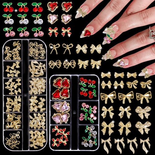 Tatiwoo 96 Pcs Gold Bows Nail Charms, Cherry Heart Bow Nail Rhinestones and Charms, Multi Shapes Golden Nails Bowknot Charm Gems for Nails Art Supplies