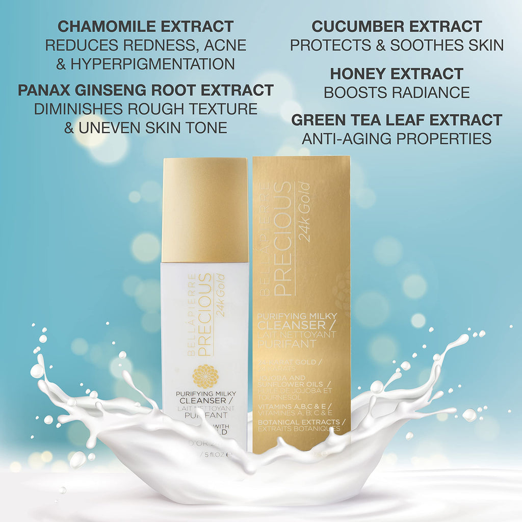 bellapierre Precious Purifying Milky Cleanser | All Natural Formula with 24k Gold Powder, Nourishing Vitamins, Oils and Botanical Extracts - 150ml