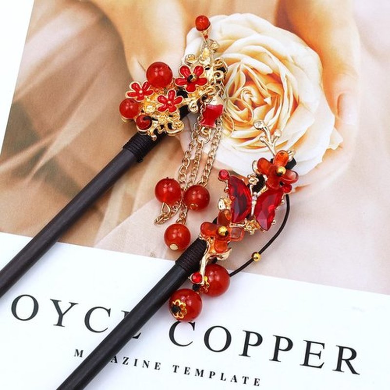 inSowni 8 Pieces Retro Asian Chinese Traditional Hanfu Flower Wooden Hair Sticks Hairpins with Bead Pendants Hair Chopsticks Forks Bun Updo Holders for Women Girls (8pcs Set G)