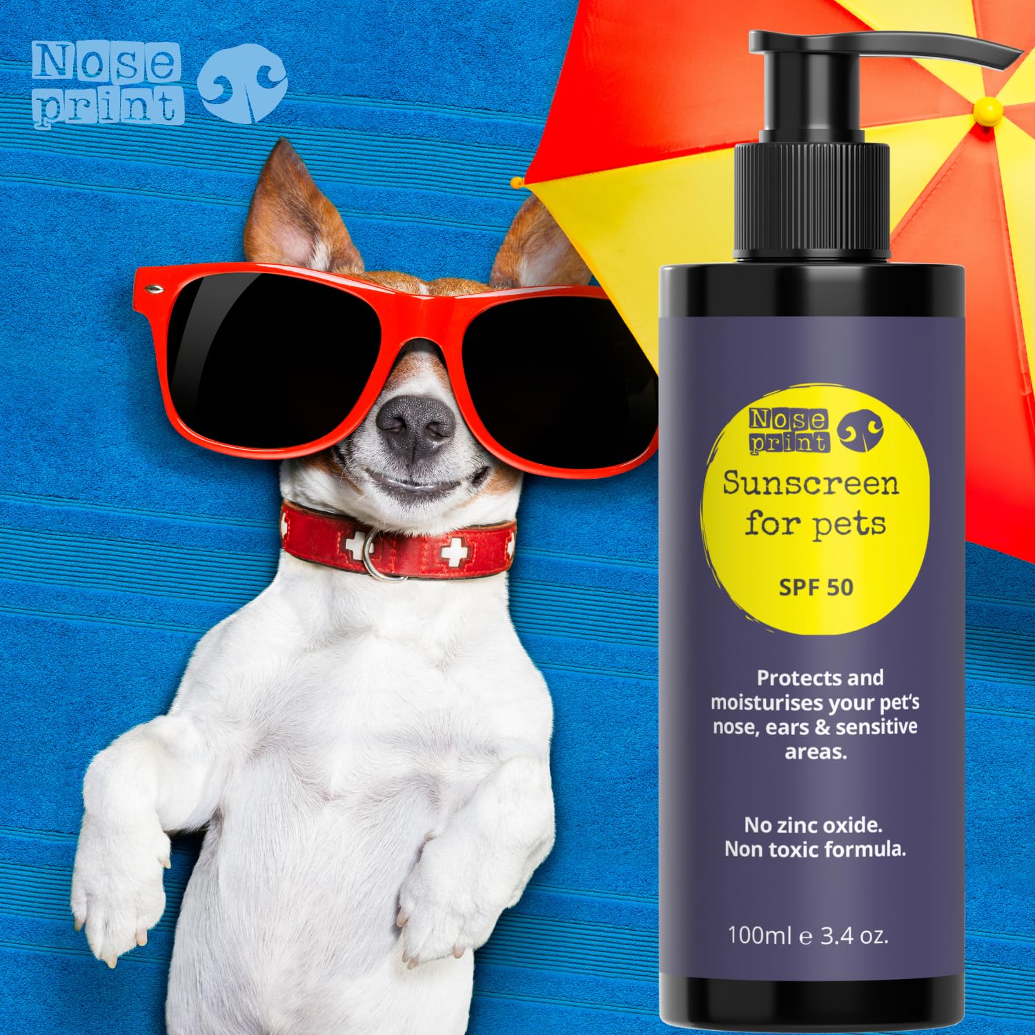 Noseprint SPF 50 Pet Sunscreen Lotion Bottle with Pump Sun Protection for Pets 100 ML | Moisturising Sunscreen for Dogs and Cat Non-Toxic Formula Dog Nose | Dog Paw Balm Sun Cream Balm