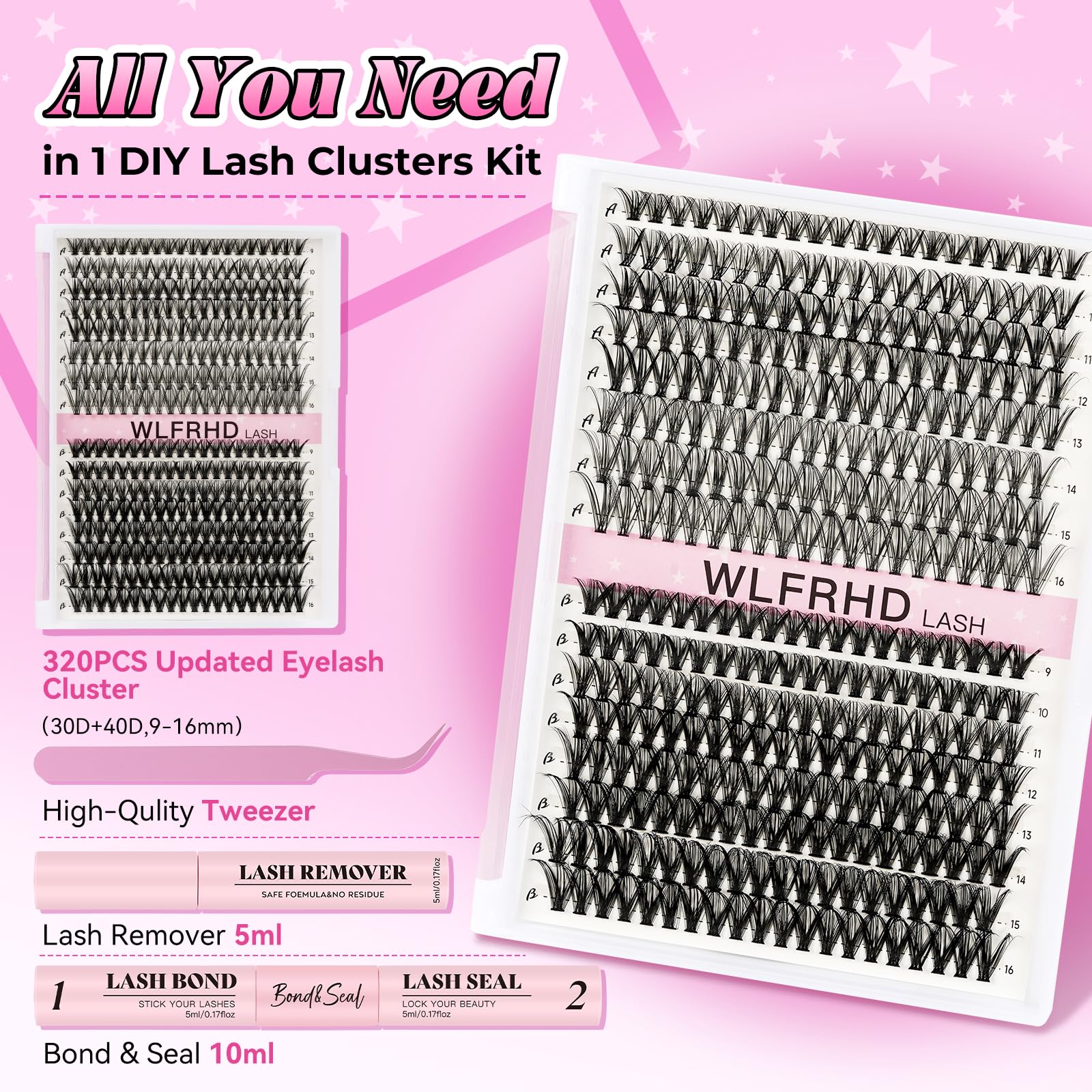 WLFRHD Lash Clusters Kit 320 Pcs D Curl DIY Natural Wispy Lashes Eyelashes Clusters Eyelash Extension Kit with Eyelash Bond and Seal, Remover & Tweezers (30D+40D, Mix9-16mm Kit)