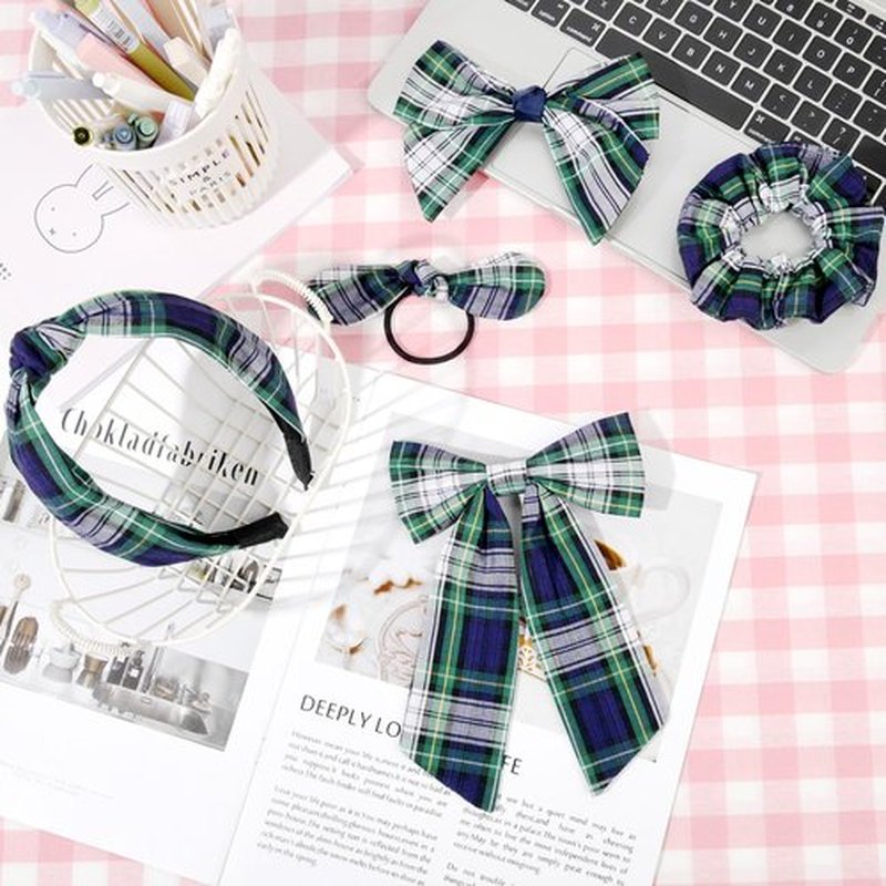 DEEKA 5 Styles Uniform Long Tail Hair Bows Knotted Headband Scrunchies Bow Set Alligator Clips Back to School Accessories for Toddler Little School Girls (Green, Navy, White&Yellow 5 Styles)