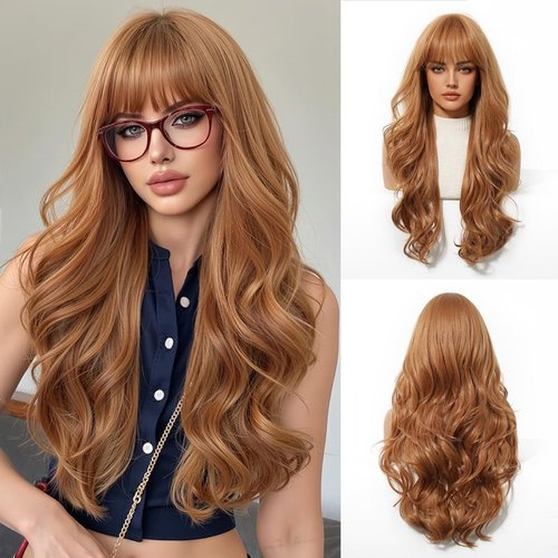 Osicapea Ginger Wigs with Bangs for Women, Woman Natural Long Wavy Curly Heat Resistant Synthetic Wig, 26 Inch Long Hair Replacement Wigs for Women's Cosplay Costume Party Daily Use