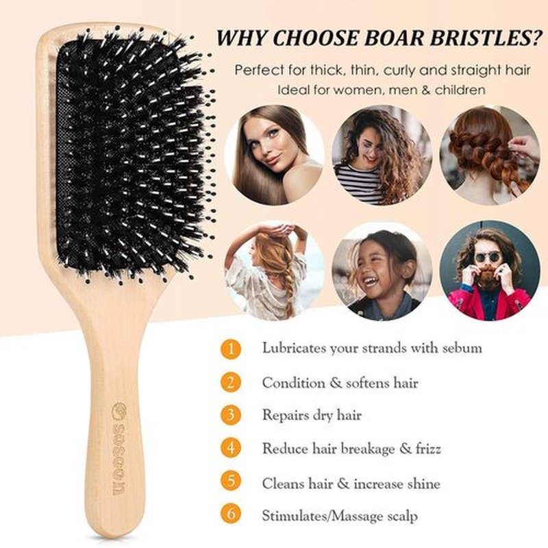 Sosoon Boar Bristle Paddle Hairbrush - Tangle-Free Design for All Hair Types | Gift Box & Tail Comb Included