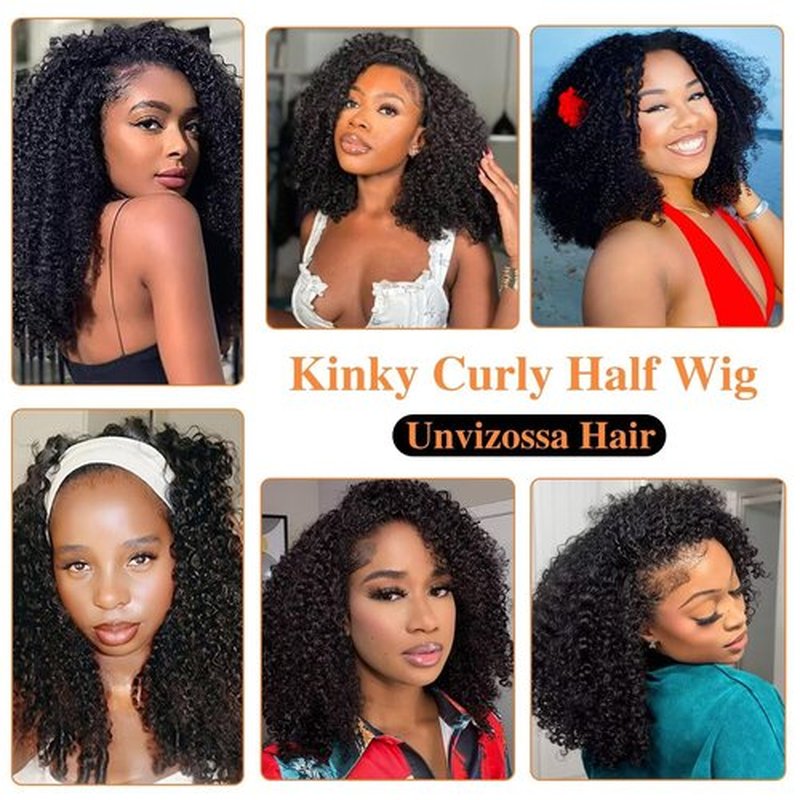 Half Wig Human Hair Kinky Curly Half Wig 200 Density 3 In 1 Seamless Flip Over Glueless Wigs Human Hair with Drawstring Invisible Hairline Beginner Friendly Curly Wig Headband Wig for Women 18Inch