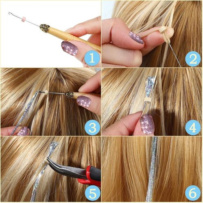 Hair Tinsel Kit (48 Inch, 18 Colors, 7200 Strands), Glitter Tinsel Hair Extensions with Tools - Fairy Hair Tinsel Heat Resistant Accessories for Women Girls Kids