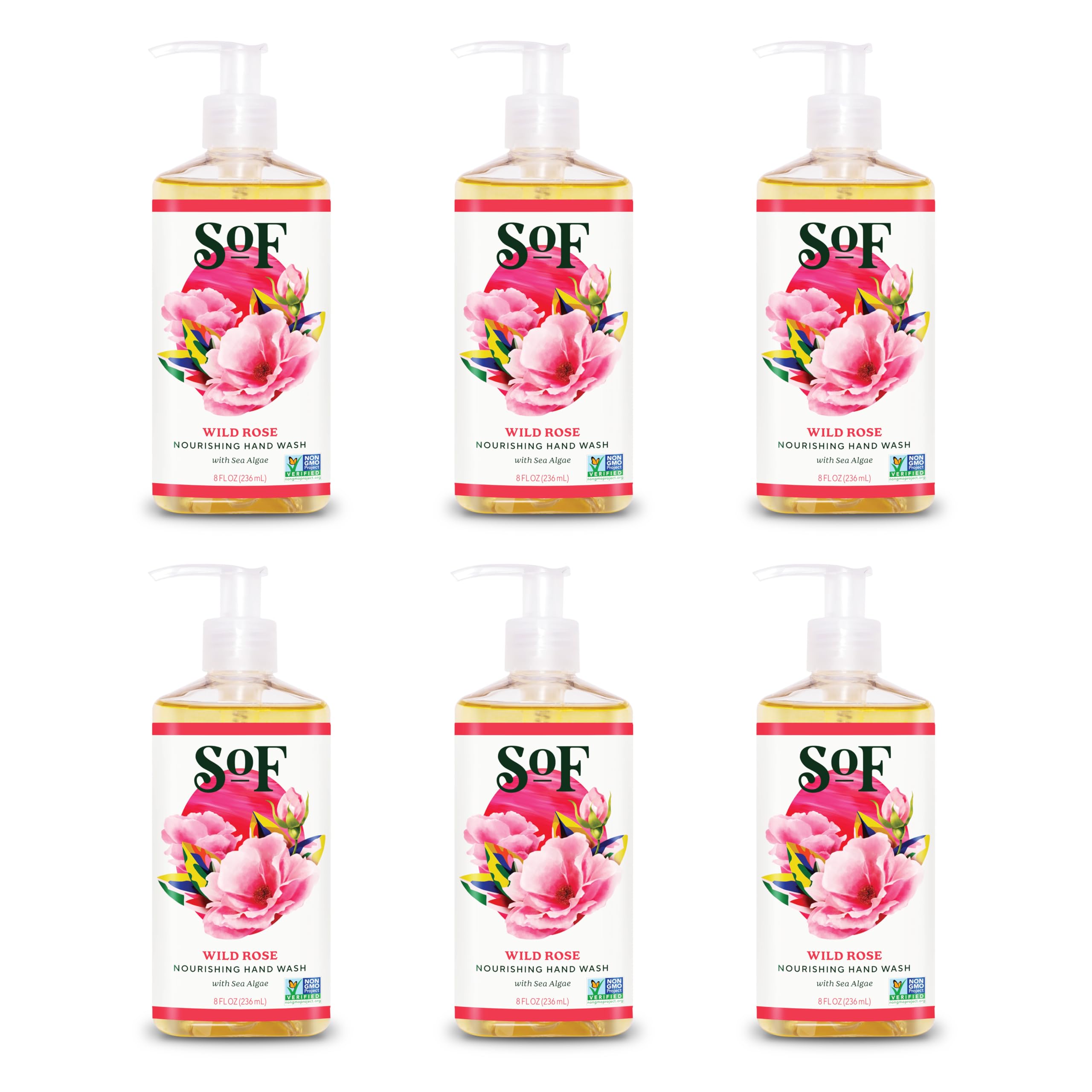 South Of France SoF Nourishing Hand Wash - With Moisturizing Sea Algae, Coconut & Olive Oil- Vegan & Non GMO- Free From Phthalates, Sulfates & Parabens- Wild Rose - 8 oz Bottle 3 Pack