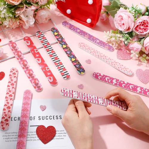 Lanties 100 Pack Valentines Nail Files Gift Bulk for Women Pink Red Heart Strips Emery Boards 7 Inch Large 180 Grit Double Sided Nail Files for Holiday Party Favors Women Customers Coworkers Staff