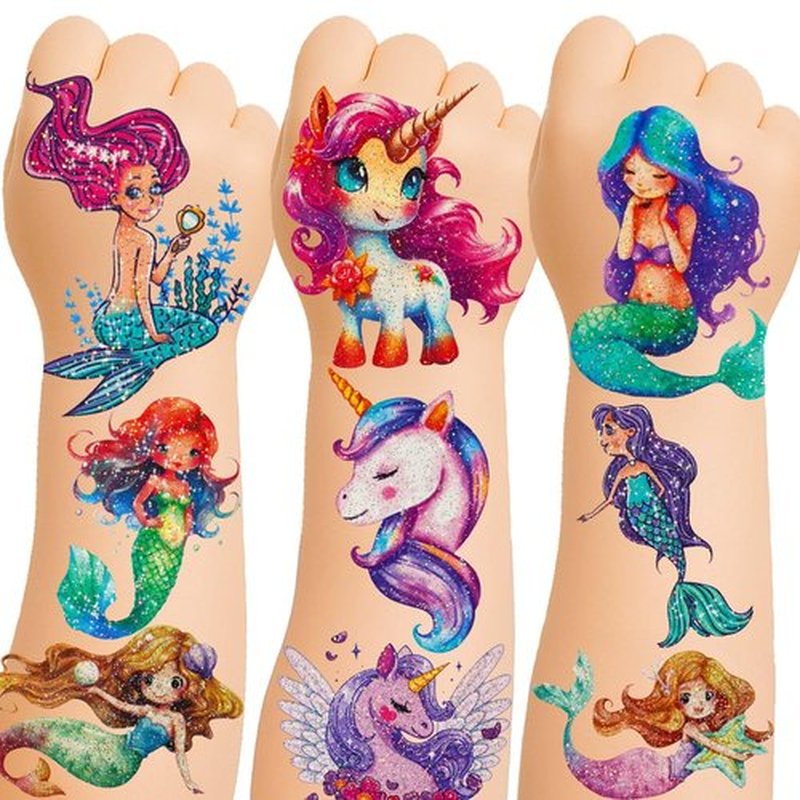 150+ Glitter Temporary Tattoos for Kids - Mermaid Unicorn Party Favors for Girls - Individually Wrapped & Waterproof Birthday Supplies