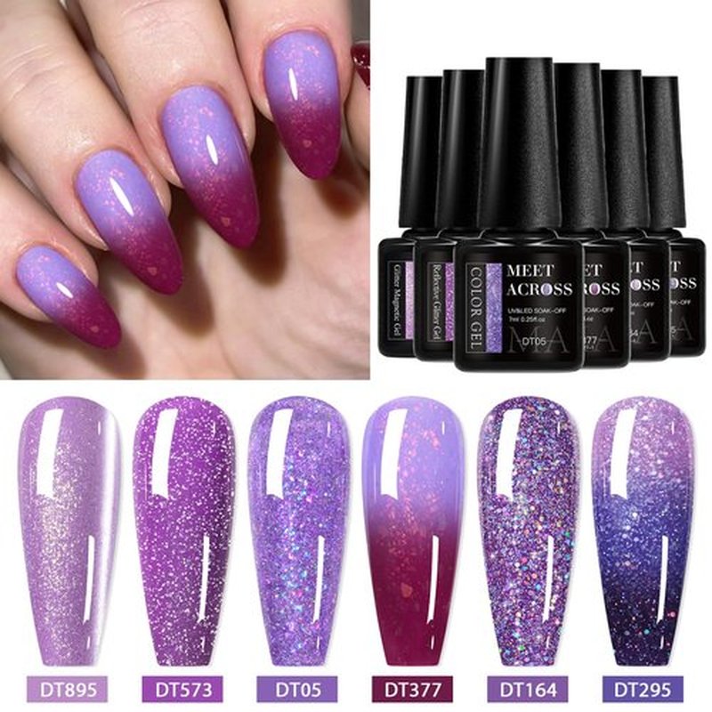 MEET ACROSS Gel Nail Polish Set 6 Pcs Glitter Colors Gel Nail Kit Art Design Soak Off UV LED (SET-12, 6pcs)