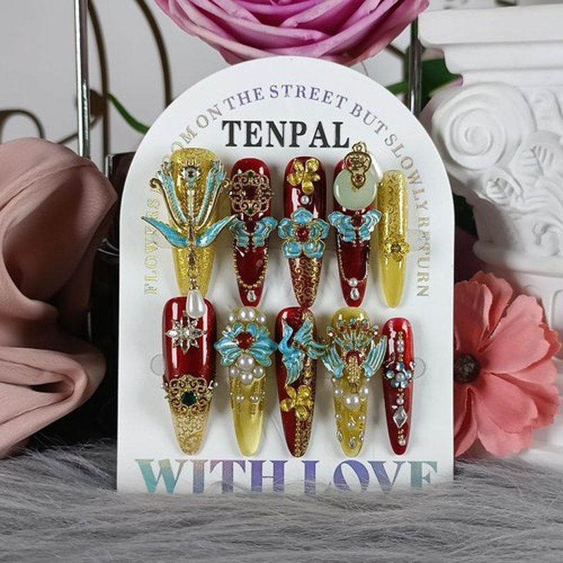 TENPAL 10Pcs Heirloom Chinese Bridal Press On Nails With Tools,Red Gold Phoenix Dragon Designs Fake Nails Long Stiletto,Full Crystals Heavy Relief Luxury Wedding Set Glue on Nails for Cheongsam(S)