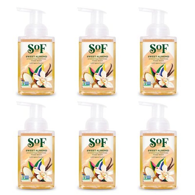 SoF Hydrating Foaming Hand Wash - With Organic Agave Nectar & Coconut Oil- Vegan & Non GMO- Free From Phthalates, Sulfates & Parabens- Sweet Almond - 8 oz Bottle 6 Pack