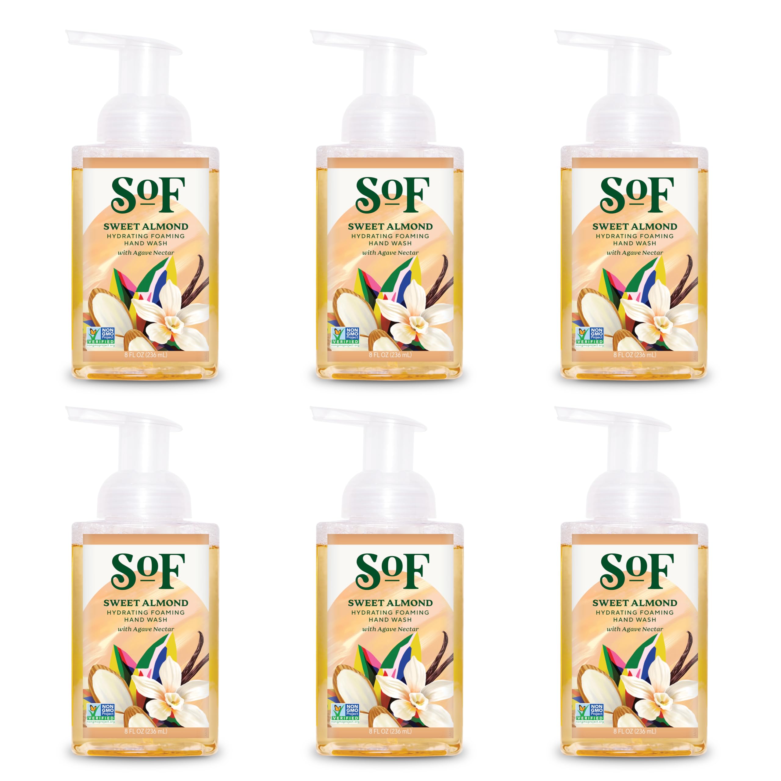 South Of France SoF Hydrating Foaming Hand Wash - With Organic Agave Nectar & Coconut Oil- Vegan & Non GMO- Free From Phthalates, Sulfates & Parabens- Sweet Almond - 8 oz Bottle 6 Pack