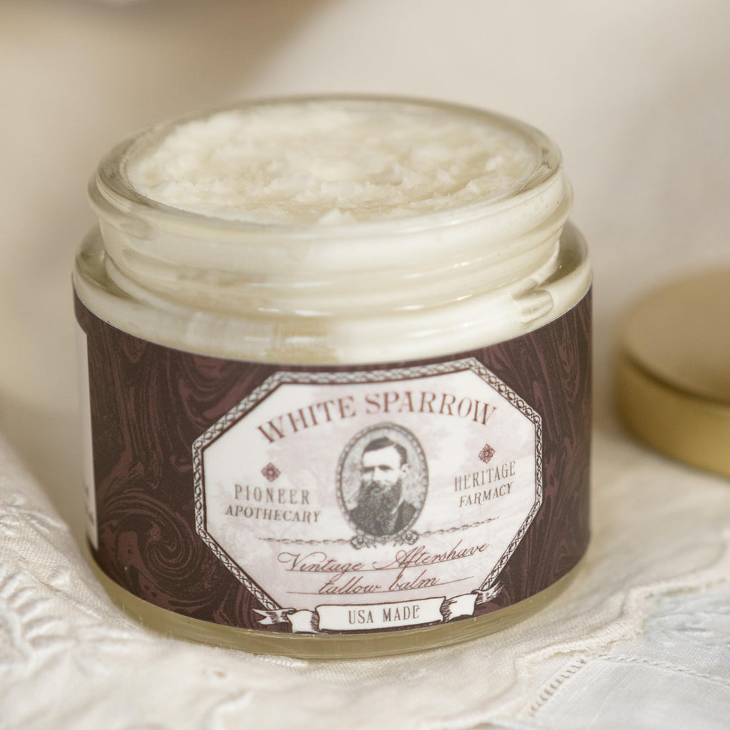 White Sparrow Farmacy Men’s Tallow Balm – Vintage Aftershave Scent – Natural Moisturizer for Sensitive Skin, Razor Burn & Dryness – Grass Fed Beef Tallow Face & Beard Balm – Made in USA