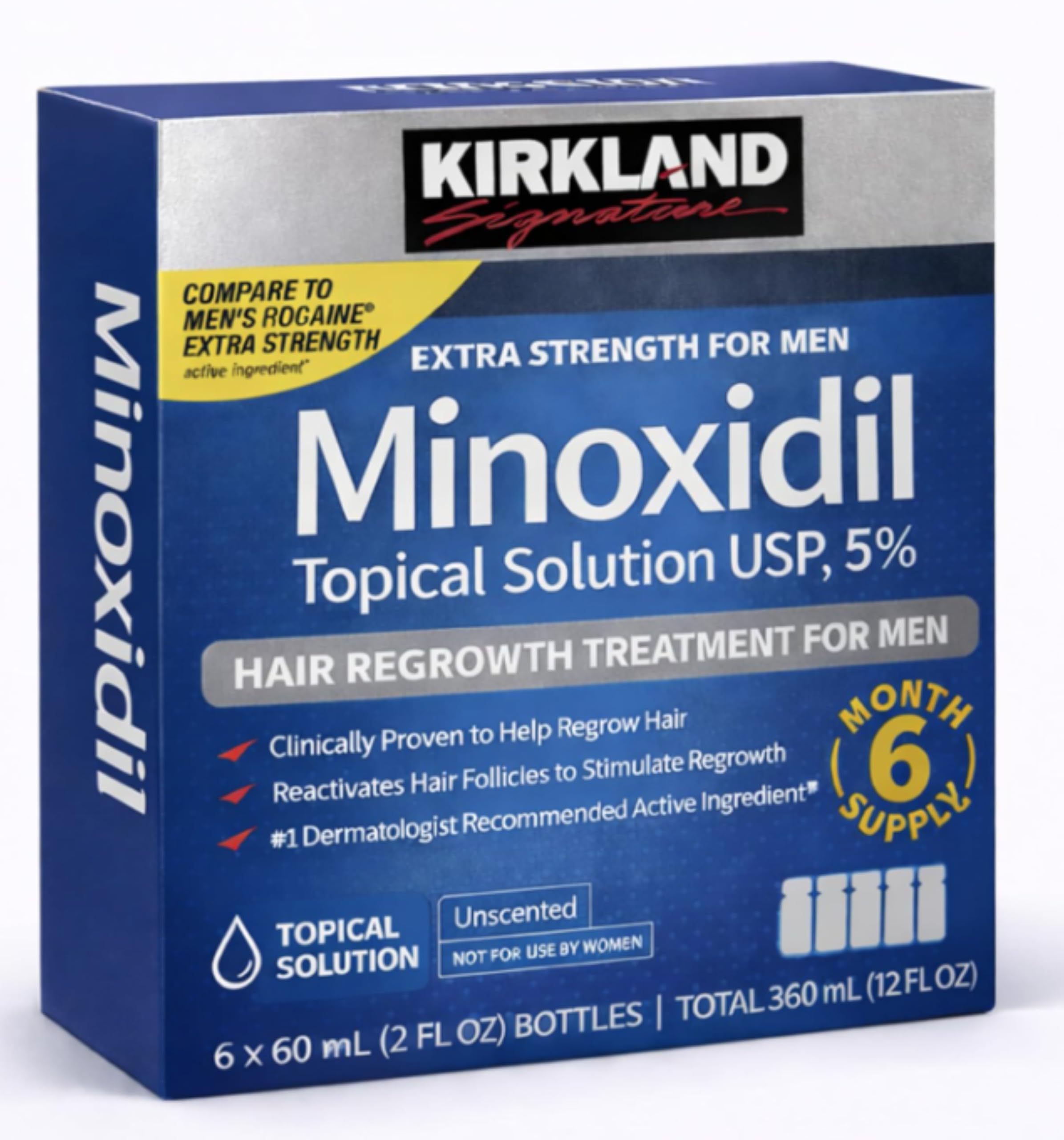 Kirkland Signature Hair Regrowth Treatment Extra Strength for Men, 5% Minoxidil Topical Solution, 2 fl oz, 6-pack