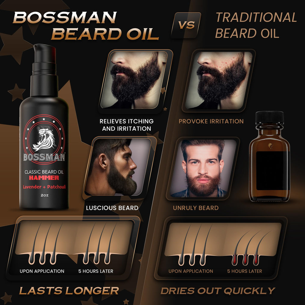 Bossman Organic Mustache & Beard Oil for Men, 2 oz – Natural Beard Moisturizer with Jojoba, Argan & Avocado Oils (Hammer Scent)