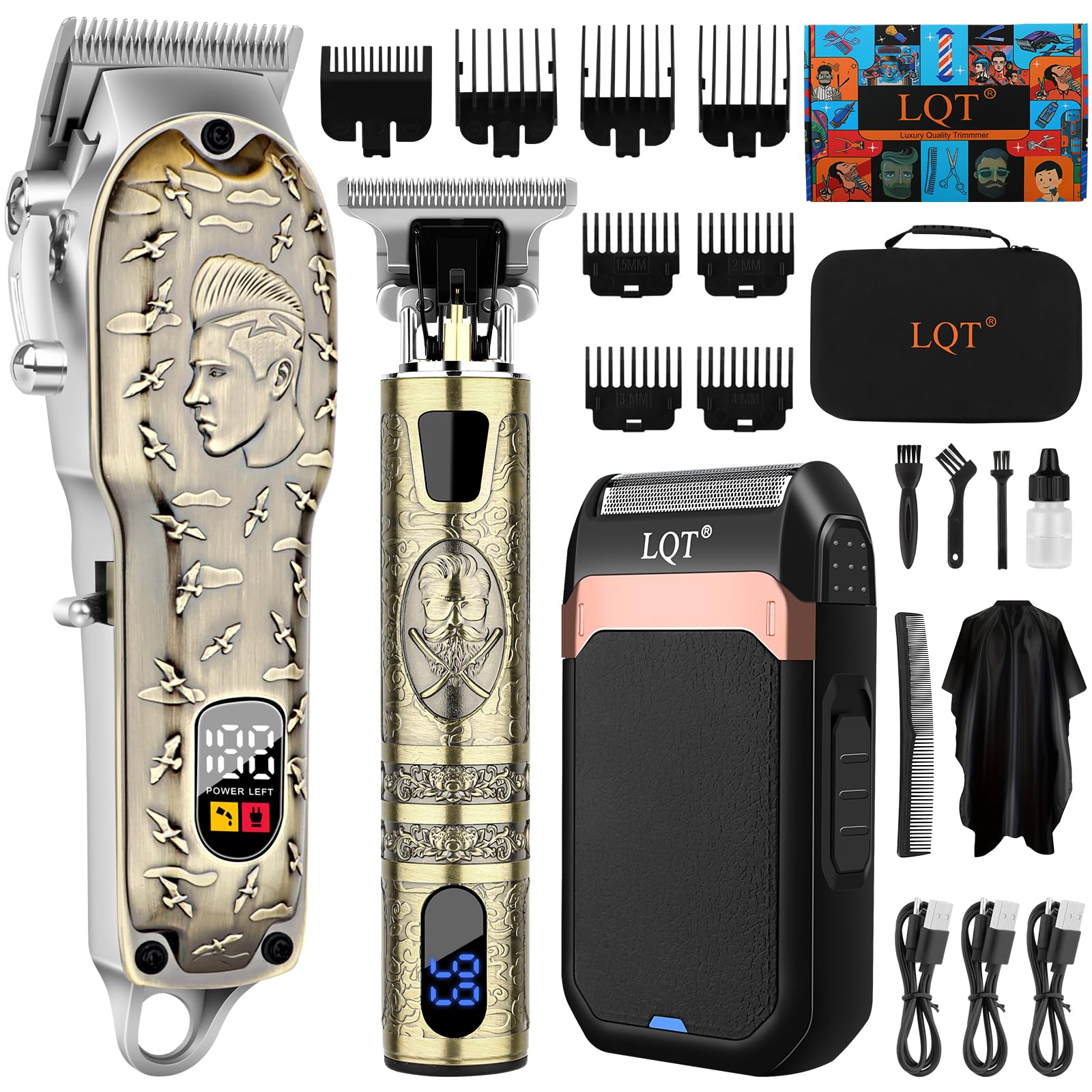 LQT Professional Barber Kit for Men, Cordless Hair Clipper, Trimmer & Shaver Set with LED Display, USB-C Rechargeable Battery,Low Noise,Grooming Gift for Husband, Father, Boyfriend (Bronze)
