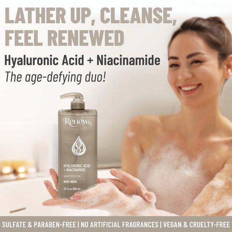 RENEW RX Hyaluronic Acid + Niacinamide Body Wash – Hydrating Skin Care Cleanser for Brightening & Skin Perfecting, Vegan Skincare, 32 fl oz