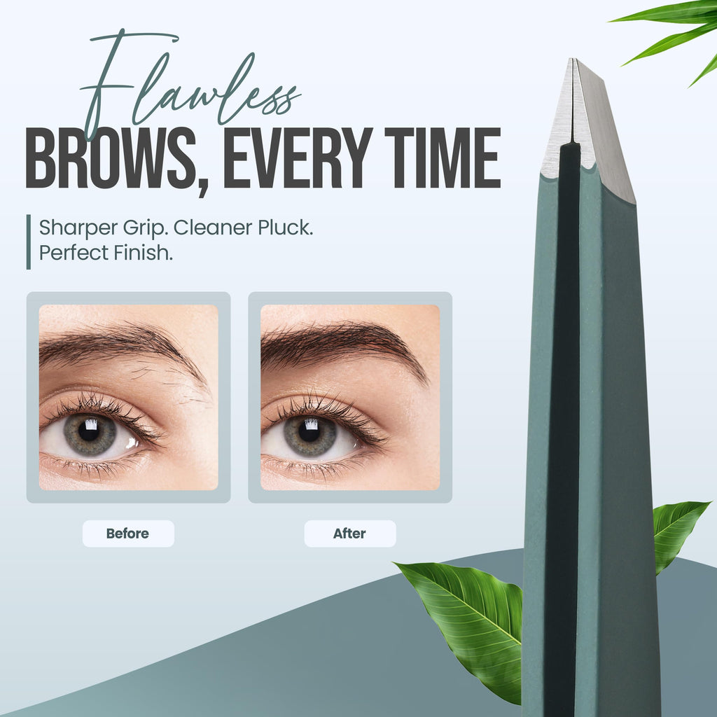 Professional Slant Tip Tweezers - Precision Stainless Steel Eyebrow Plucking Tool for Women and Men, Ingrown Hair Remover, Facial Hair Tweezers for Grooming (Olive Fog)