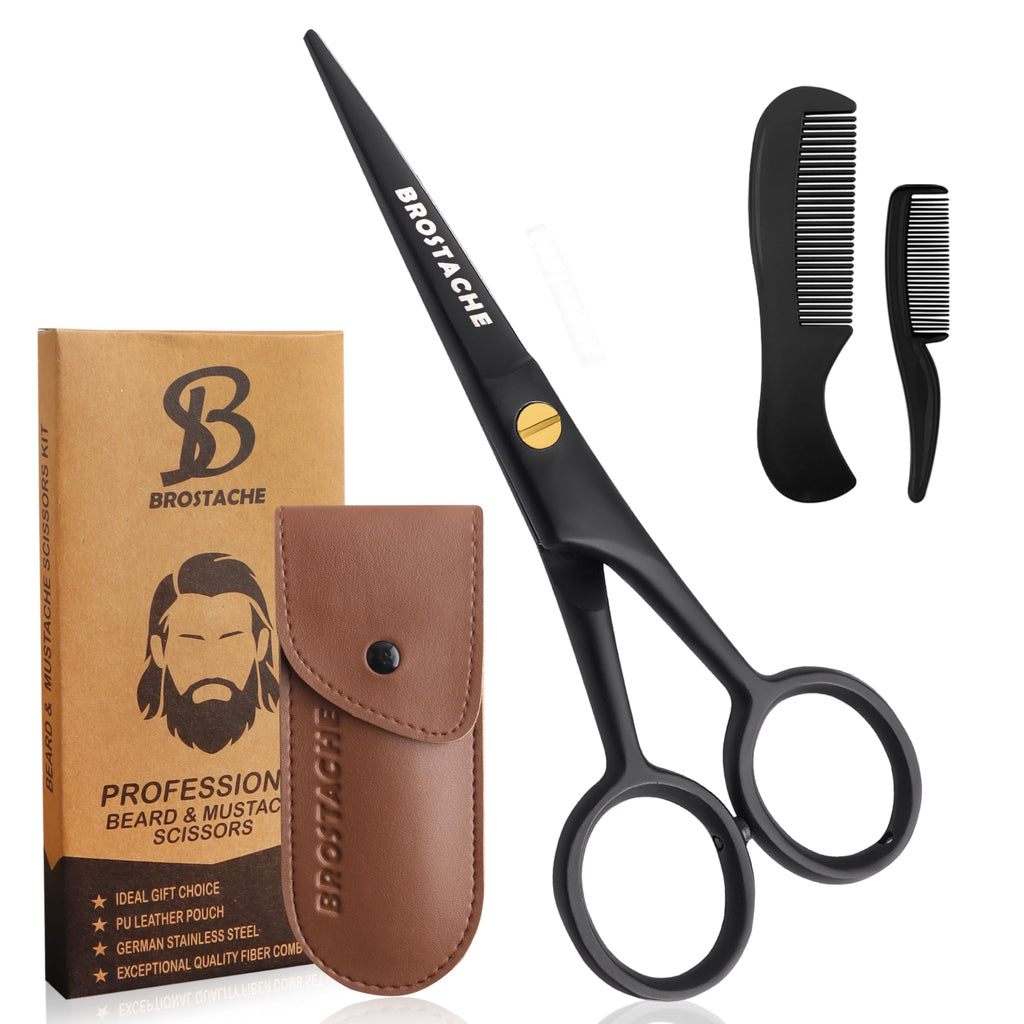 5” Professional Beard and Mustache Scissors, German Steel Beard Scissors Come with Mustache Comb, Beard Comb and Carrying Pouch. Grooming Scissor for All Facial Hair Scissors (Black)