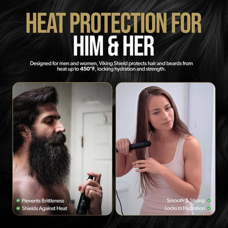 Beard & Hair Heat Protectant Spray - Viking Shield Beard Spray for Men, Protects Hair from Heat Damage of Straightener and Styling - Argan Oil Thermal Protector Spray - Protect Up To 450º F - 4 Fl Oz
