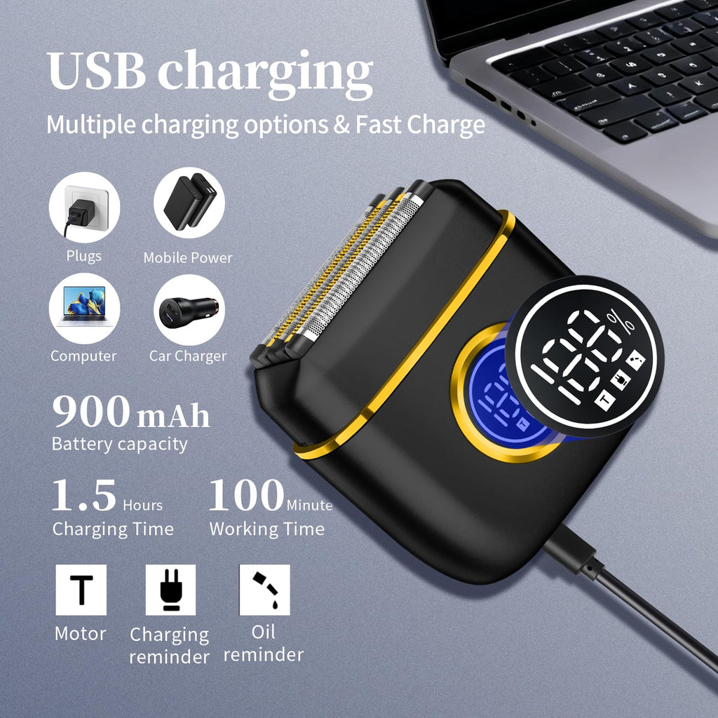 HIENA PRO Men's Electric Foil Shaver - USB-C Rechargeable, IPX7 Waterproof, Pocket-Sized with LED Display for Travel & Home (Black Gold)