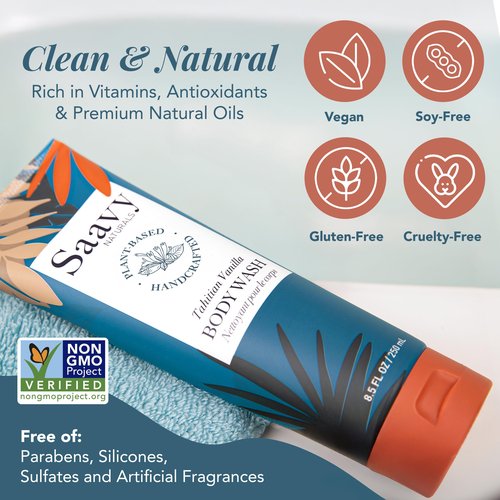 Saavy Naturals Moisturizing Body Wash for Sensitive Skin – Plant-Based & Pure with Coconut Oil, Shea Butter & Aloe Vera – Paraben-Free, Cruelty-Free – Tahitian Vanilla – 8.5 fl oz, 1 pack