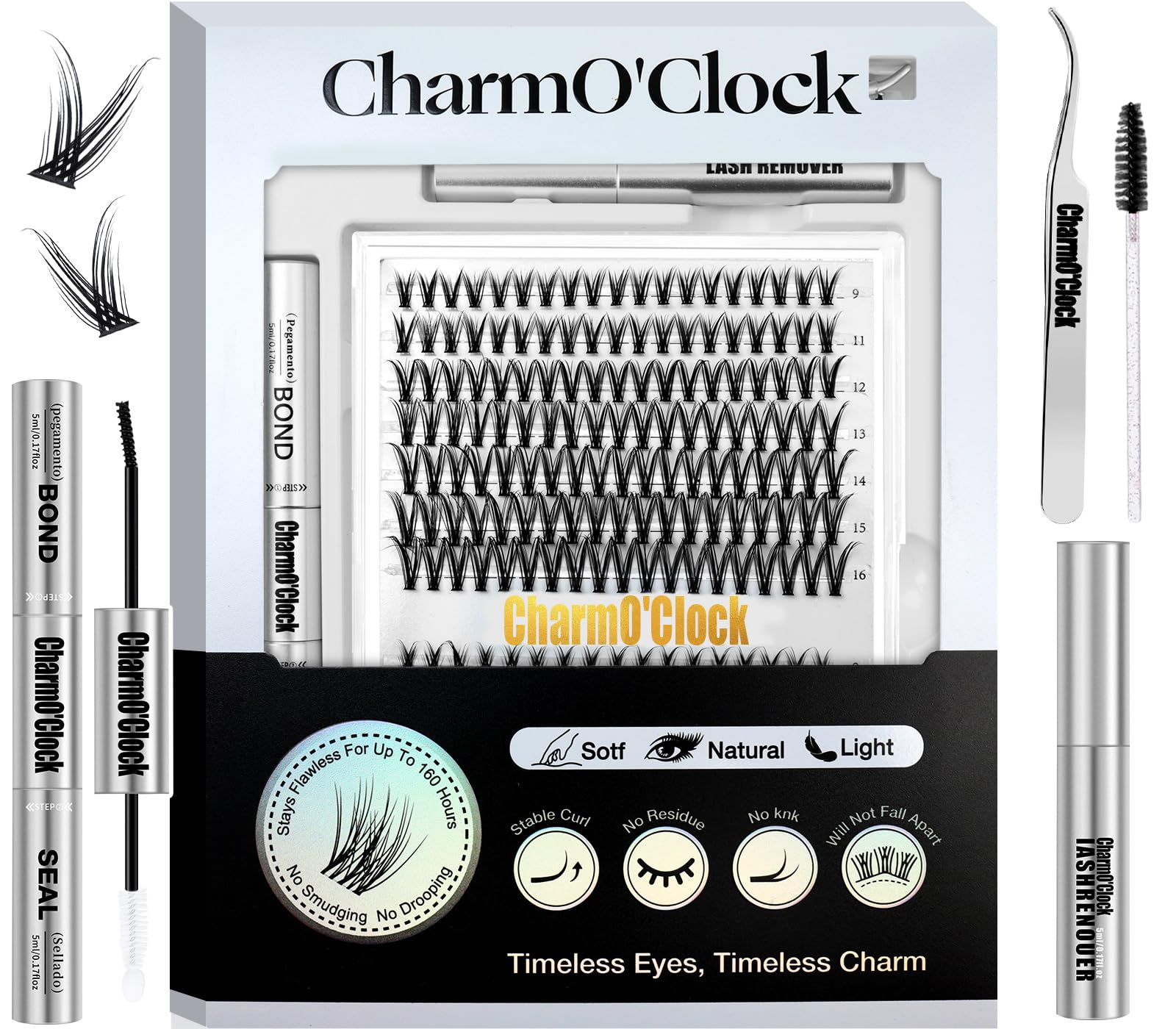 Lash Clusters Kit, 266Pcs Individual Cluster Lash Extensions Kit D Curl Fluffy Wispy Eyelash Clusters with Lash Bond and Seal and Tweezers 9-16mm 7 Styles Mix Lashes Clusters Kit