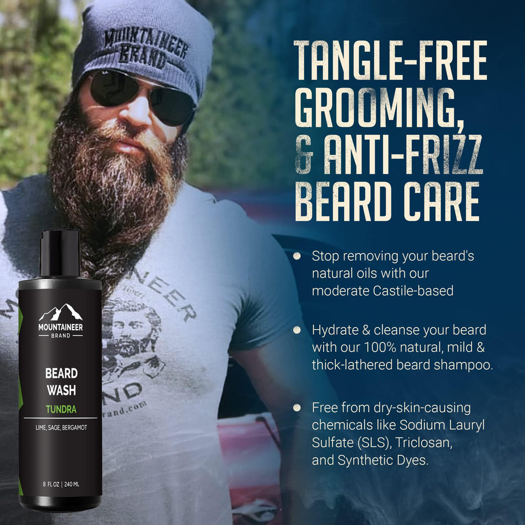 Mountaineer Brand Beard Wash For Men | 100% Natural Beard Shampoo | Thick Cleaning Softening Lather for Hair and Skin | Hydrate and Detangle | Grooming Treatment | Tundra Scent 8oz