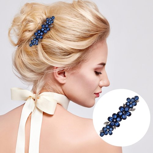 HINZIC Sparkly Rhinestone Hair Clip, Crystal Blue Flower Prom Barrettes Wedding Engagement Pageant Formal Dressy Decorative Accessories for Bride Women Thick Long Hair - 1PCS