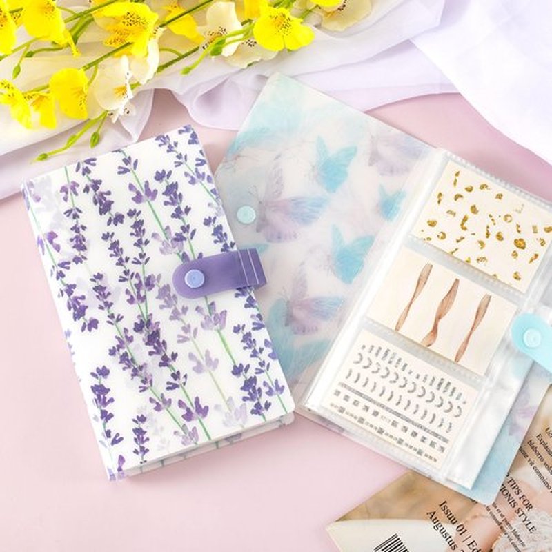 HINZIC 2PCS 240 Slots Flower Butterfly Nail Art Sticker Storage Books Purple Blue Wisteria Organizer Binders Transparent Collecting Album Photo DIY for Notebooks Diary Journal Planner