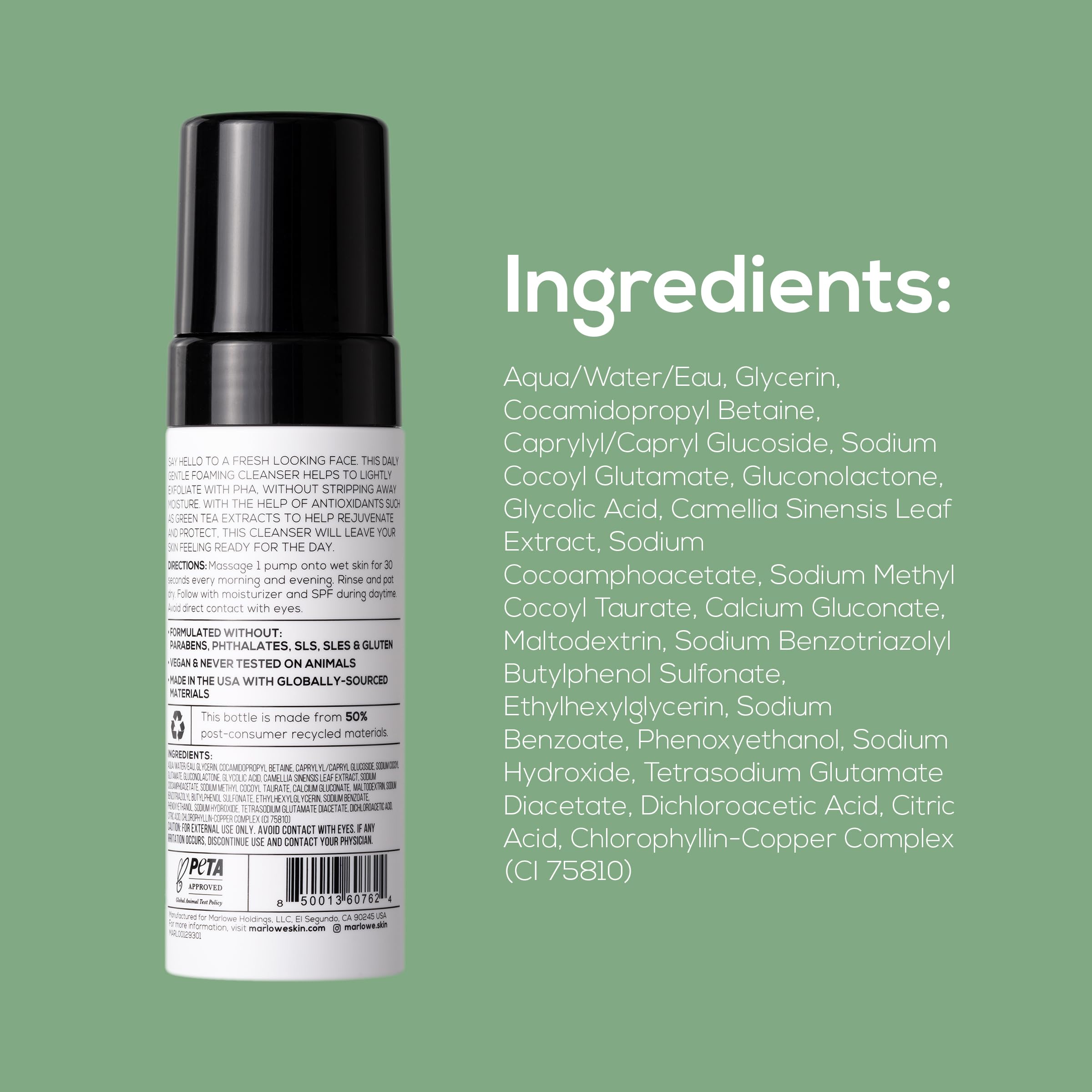 MARLOWE. Gentle Foaming Facial Cleanser, 4.5 oz, Exfoliating & Brightening Mens Face Wash, Removes Dirt, Oil & Impurities, Clean, Vegan Formula, PHA, Green Tea Extracts & Antioxidants, Fragrance Free