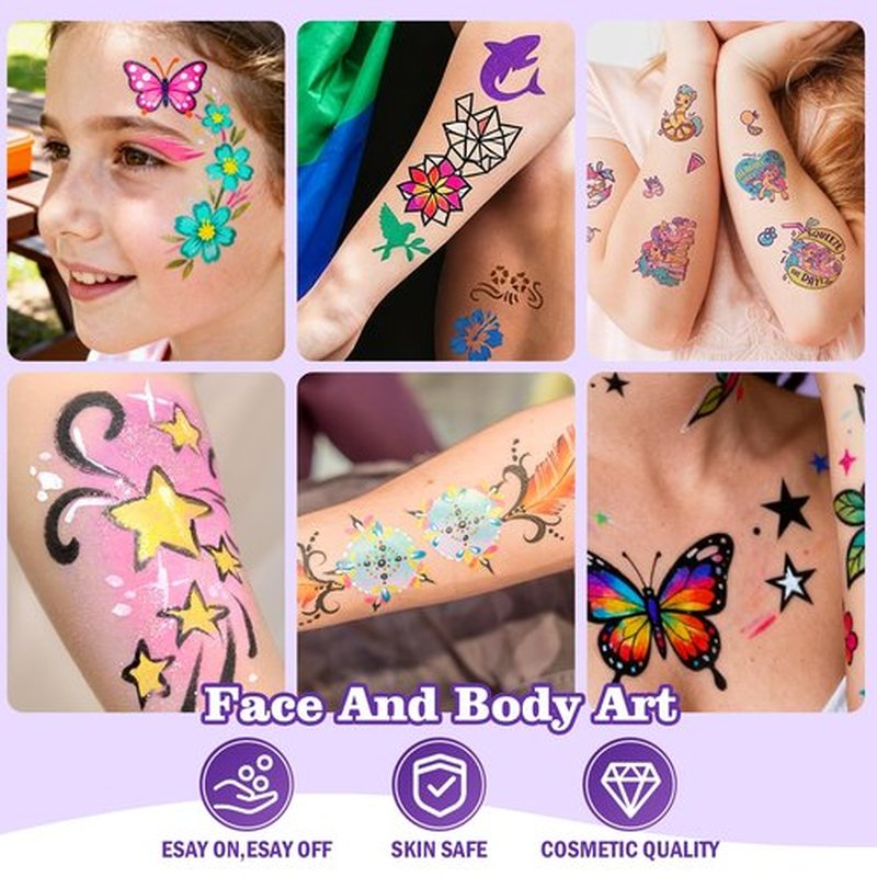 Coliatik Temporary Tattoo Markers for Skin – Dual-End 16 Colors + 80 Stencils Kit, Skin-Safe Washable Cosmetic-Grade Body Art Pens for Kids & Adults