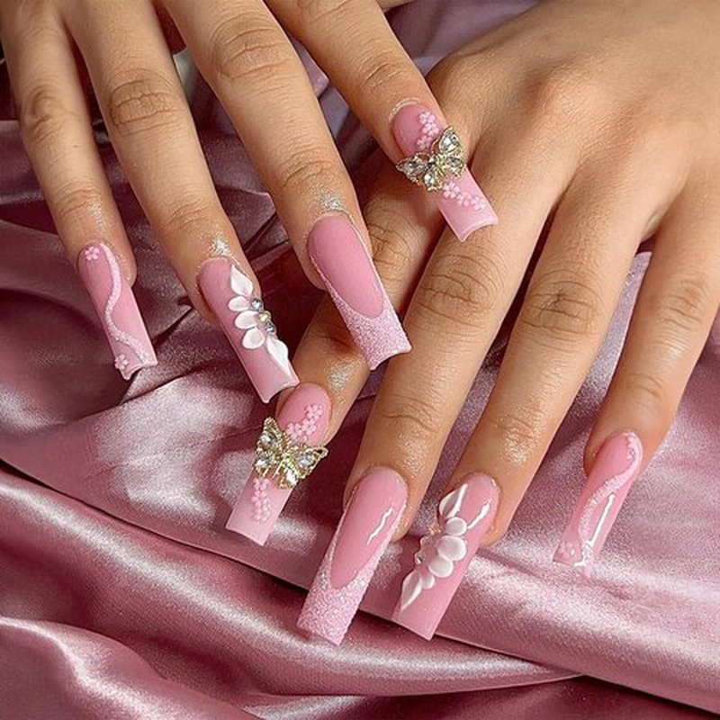 MUZOXEN French Tip Press on Nails Long Coffin Fake Nails with 3D butterfly flower Petal Rhinestones Designs Pink Acrylic False Nails with Stick Glue for Women -24pcs